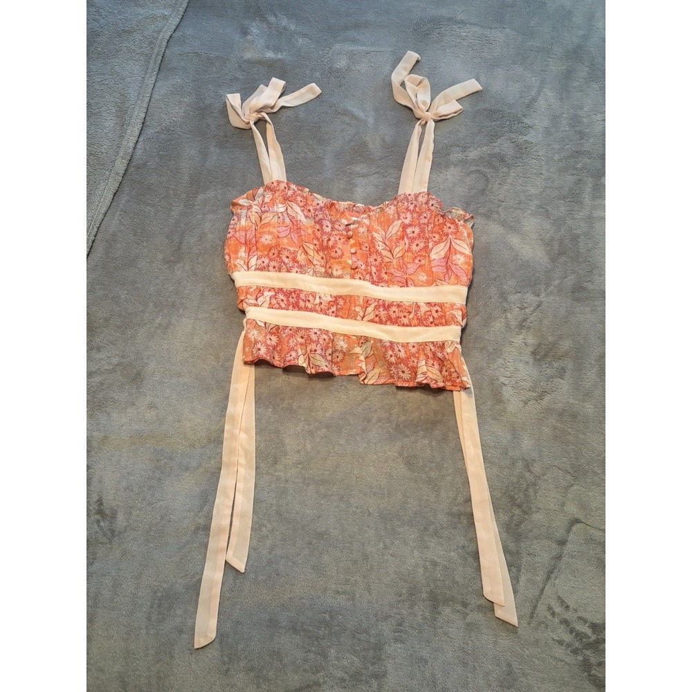 How Very Loved Women's Medium Floral Cami Crop Top Orange Pink Tie Strap Y2K